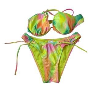 No Boundaries Juniors' Rainbow Tie Dye Halter Bikini
Top-medium 
Bottoms-small